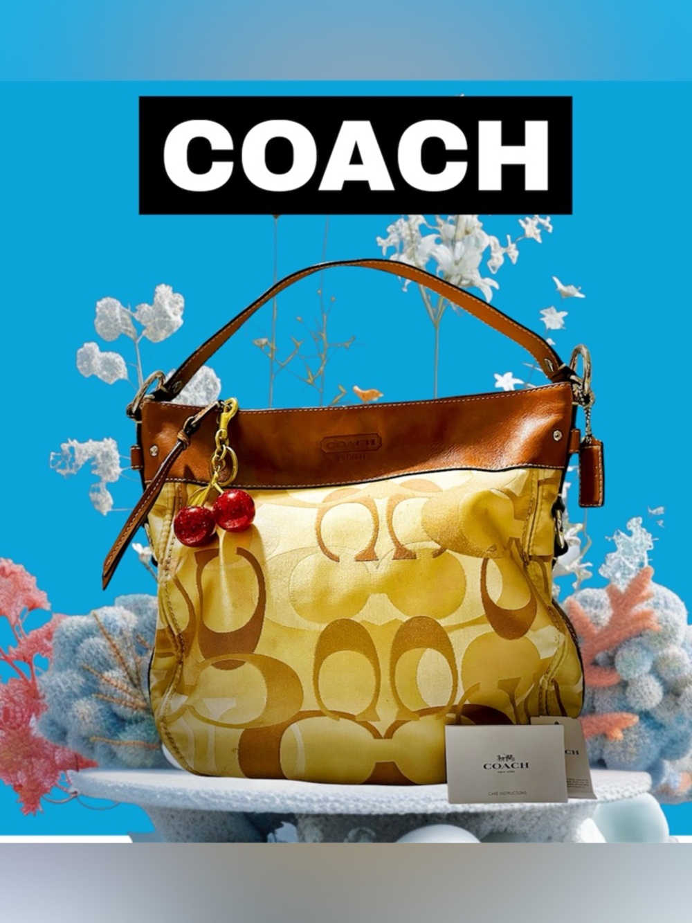 Rare vintage Coach soho Shoulder Bag Tan Signature Logo with Cherry Charm - Picture 9 of 17